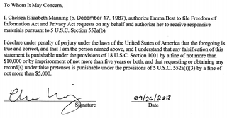 A Privacy Act waiver signed by Chelsea Manning in September 2018.
